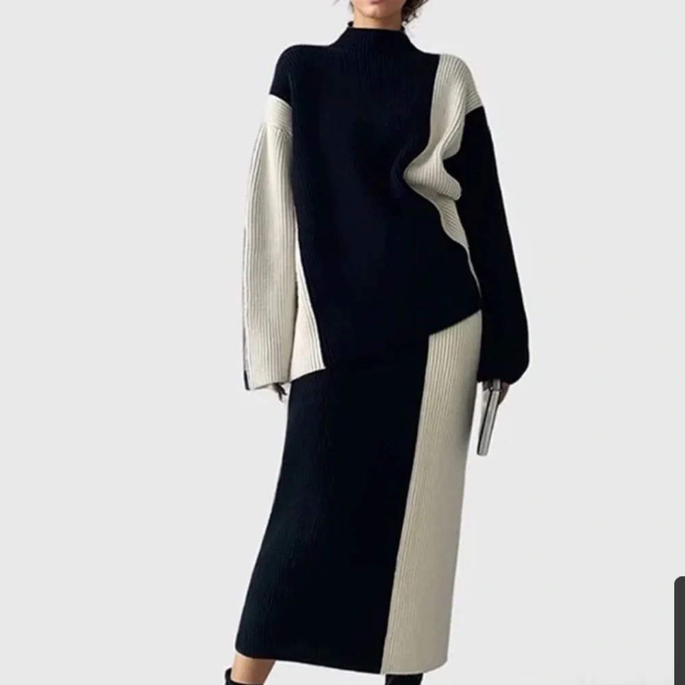 COMMENSE Miss Paris Stripe Two Piece Knit Skirt Set, Black White Size M - Picture 3 of 9